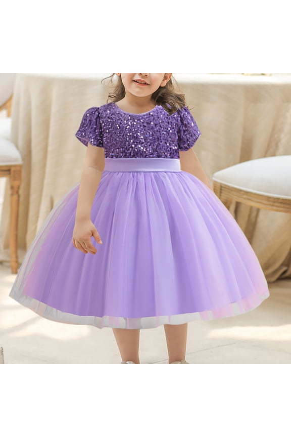 Girls Princess Dress, Red Sequin Mesh Wedding Dress Kids Birthday Party Dress Purple 6T