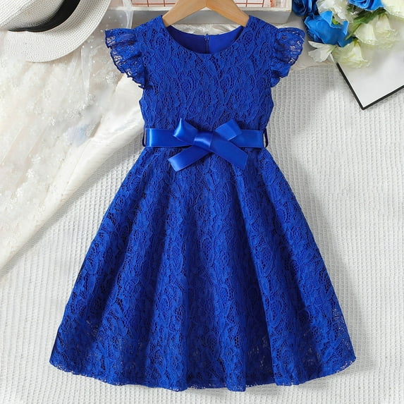 NAISIBABY Girls Princess Dress, Ruffle Sleeve Bow Lace Mesh Party Pageant Dress Blue 4-5T