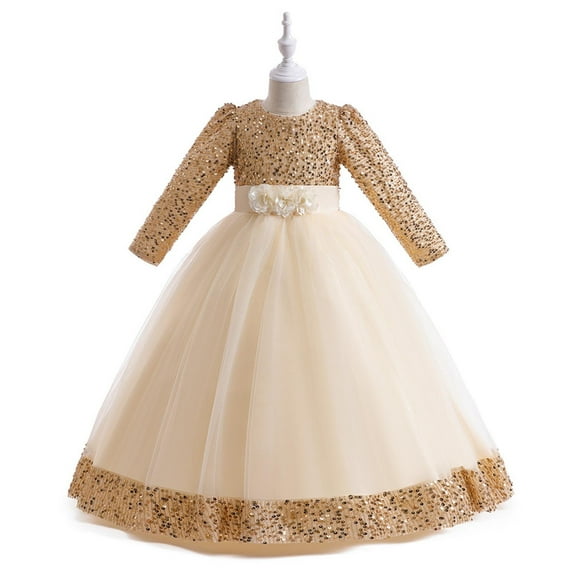 NAISIBABY Girls Princess Dress, Ruffled Long Sleeve Sequined Mesh Party Pageant Maxi Dress Gold 16-17T