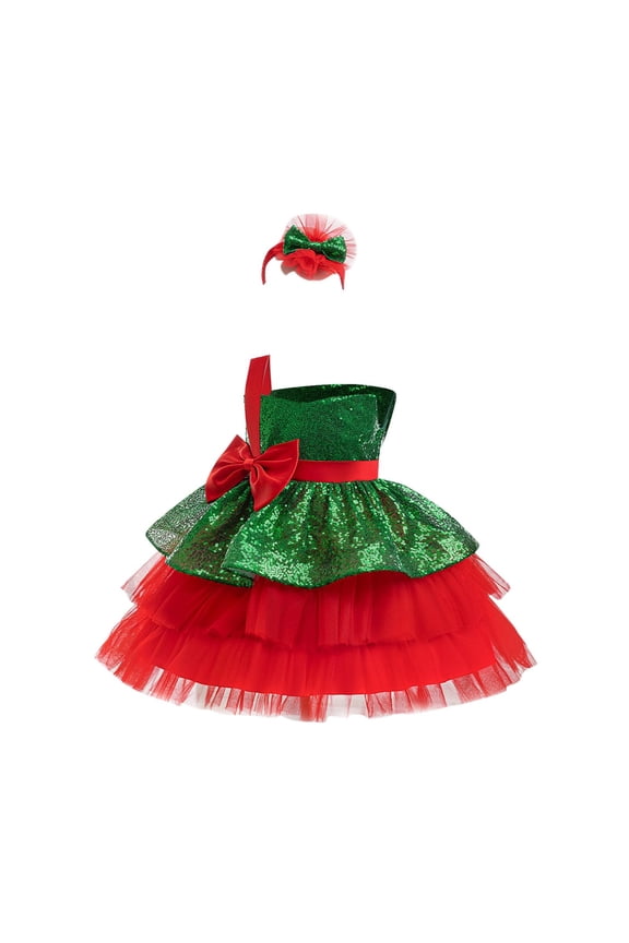 Girls Princess Dress Set, Bow Princess Dress Strapless Sequined Mesh Pleated Christmas Dress Green 7-8T