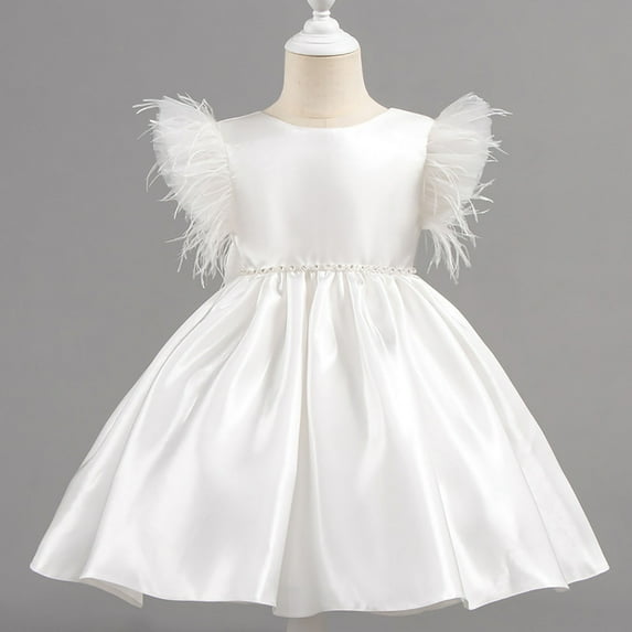 NAISIBABY Girls Princess Dress, Silky Satin Tassel Ruffles Sleeve Back Bowknot Kids Party Birthday Pageant Formal Dress White 4T