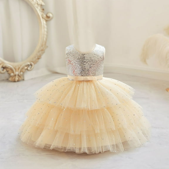 NAISIBABY Girls Princess Dress, Sleeveless Cute Wedding Birthday Dress Lace Sequin Mesh Prom Maxi Dress Yellow 7M