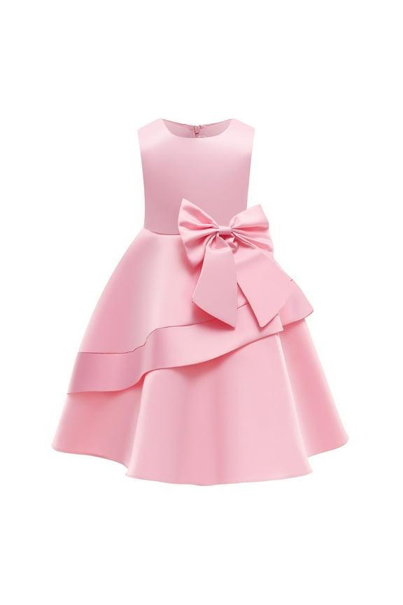 Girls Princess Dress, Sleeveless Elegant Wedding Birthday Dress Bow Satin Prom Maxi Dress Pink 120