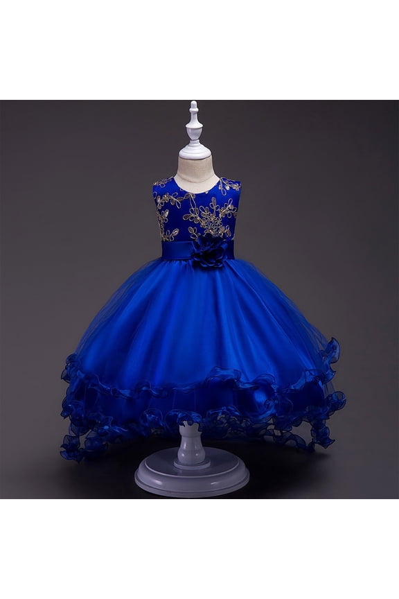 Girls Princess Dress, Sleeveless Floral Bow Sequin Mesh Wedding Birthday Pageant Dress Prom Maxi Dress Blue 3T