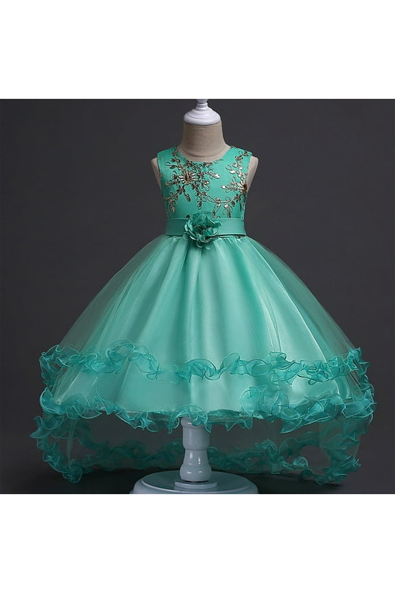 Girls Princess Dress, Sleeveless Floral Bow Sequin Mesh Wedding Birthday Pageant Dress Prom Maxi Dress Green 4T