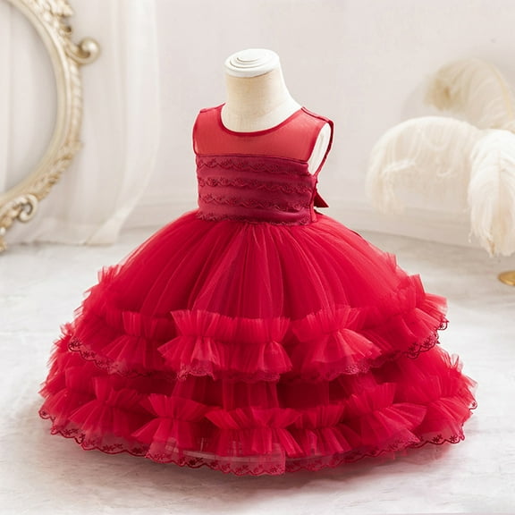 NAISIBABY Girls Princess Dress, Sleeveless Floral Bow Sequin Mesh Wedding Birthday Party Dress Red 1T