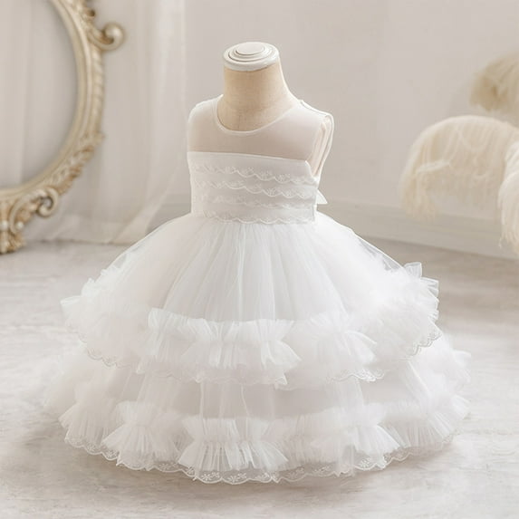 NAISIBABY Girls Princess Dress, Sleeveless Floral Bow Sequin Mesh Wedding Birthday Party Dress White 3T
