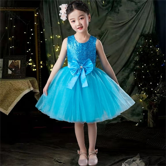 NAISIBABY Girls Princess Dress, Sleeveless Mesh Bowknot Embroidered Glitter Sequin Wedding Party Pageant Flower Dress Blue 9T
