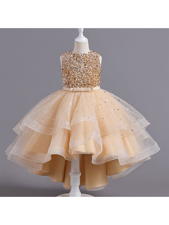 Girls Princess Dress, Tutu Formal Dress Sleeveless Elegant Glitter Wedding Pageant Party Floral Dress Gold 4T