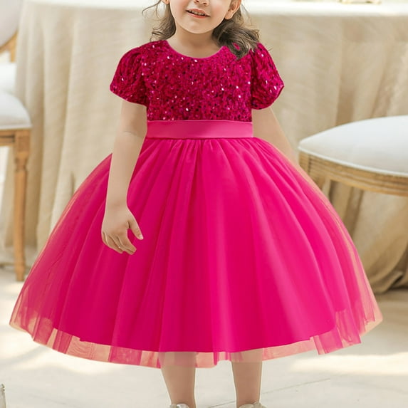 NAISIBABY Girls Princess Dress, Wedding Dress Red Sequin Mesh Kids Birthday Party Dress Hot Pink 7T