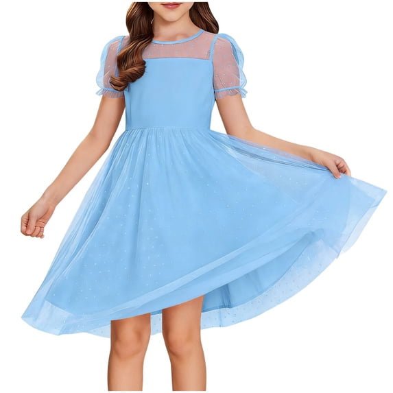 NAISIBABY Girls Princess Dresses, Fashion Swing Mesh Polka Dot Puff Sleeve Party Birthday Tulle Dress Light Blue 7T