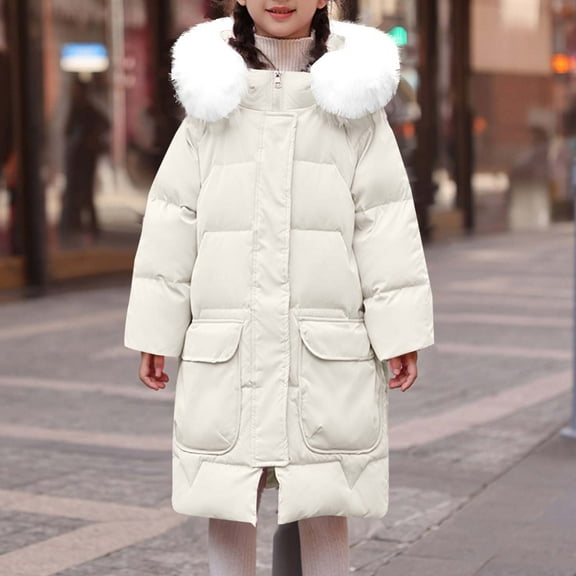 NAISIBABY Girls Puffer Coat, Knee Length Fluffy Hooded Full Zipper Winter Thick Thermal Quilted Parka White 4T