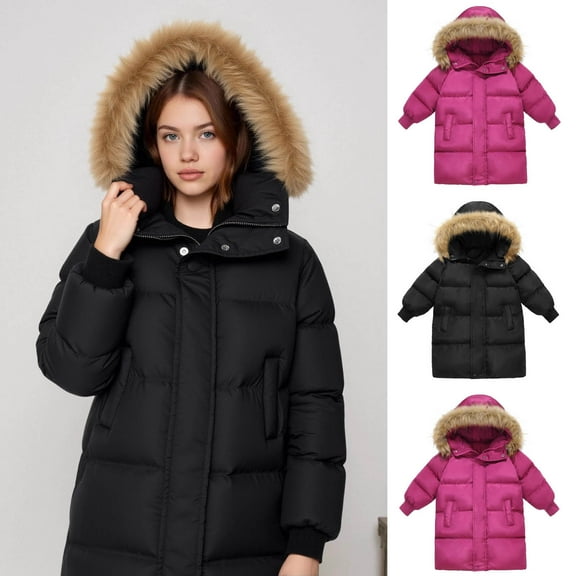 NAISIBABY Girls Puffer Jacket 10T, Mid-Length Furry Hooded Full Zipper Winter Warm Quilted Coat Black(4-11T)