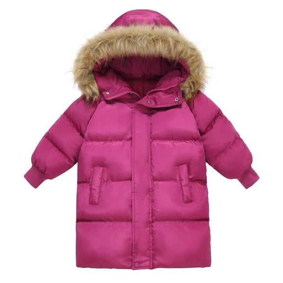 NAISIBABY Girls Puffer Jacket, Full Zipper Furry Hooded Mid-Length Winter Warm Quilted Coat Hot Pink 10T