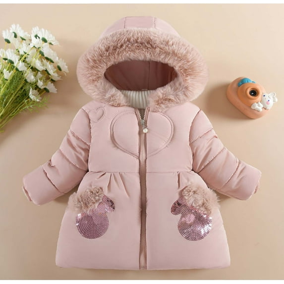 NAISIBABY Girls Puffer Jacket, Mid-Length Zip Up Solid Color Kids Winter Hooded Coat Pink 2-3T