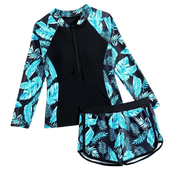 NAISIBABY Girls Rash Guard Swimsuit 2-Piece, Floral Prints Zipper Shirt with Swimshorts Beach Surfing Bathing Suits Black 13T