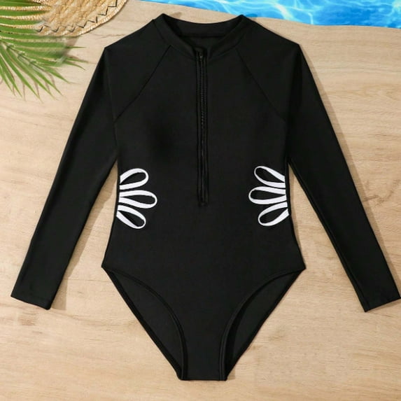 NAISIBABY Girls Rash Guard Swimsuit, Zipper Floral Hollow Out Long Sleeve Beach Holiday One-Piece Bathing Suits Black 10T