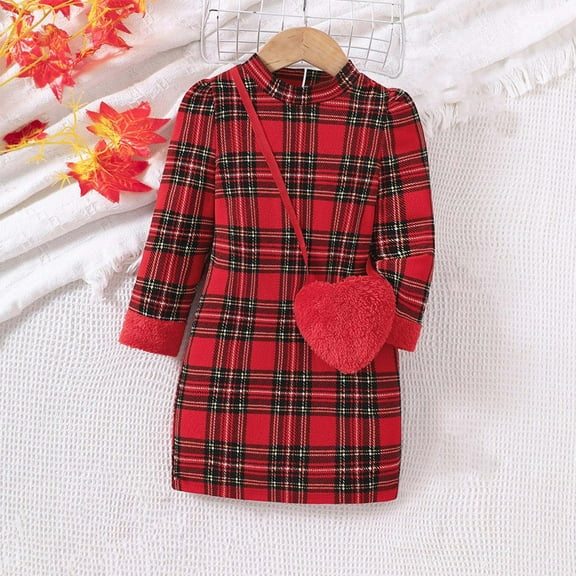 NAISIBABY Girls Red Plaid Dress, Long Sleeve A-line Cotton Casual Princess Dress with Bag Red 6-7T