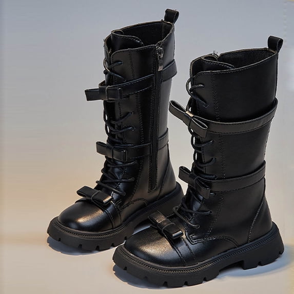NAISIBABY Girls Riding Boots, Fashion Bowknot Thicken Sole Side Zipper Kids High Knee Combat Boots Black