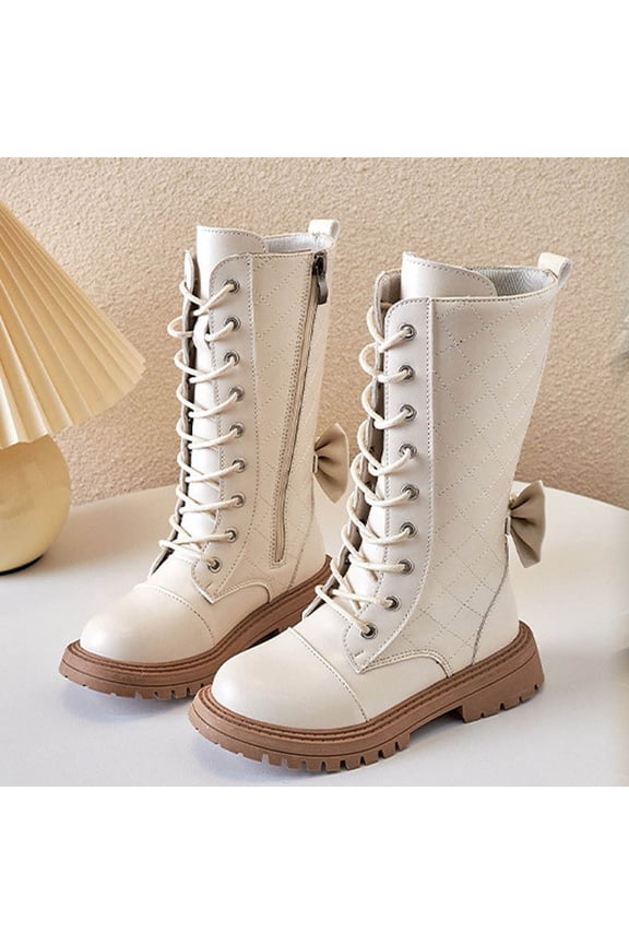 Girls Riding Boots, Knee High Lace Up Zipper Non-Slip Comfort Fall Winter Combat Tall Boots Beige