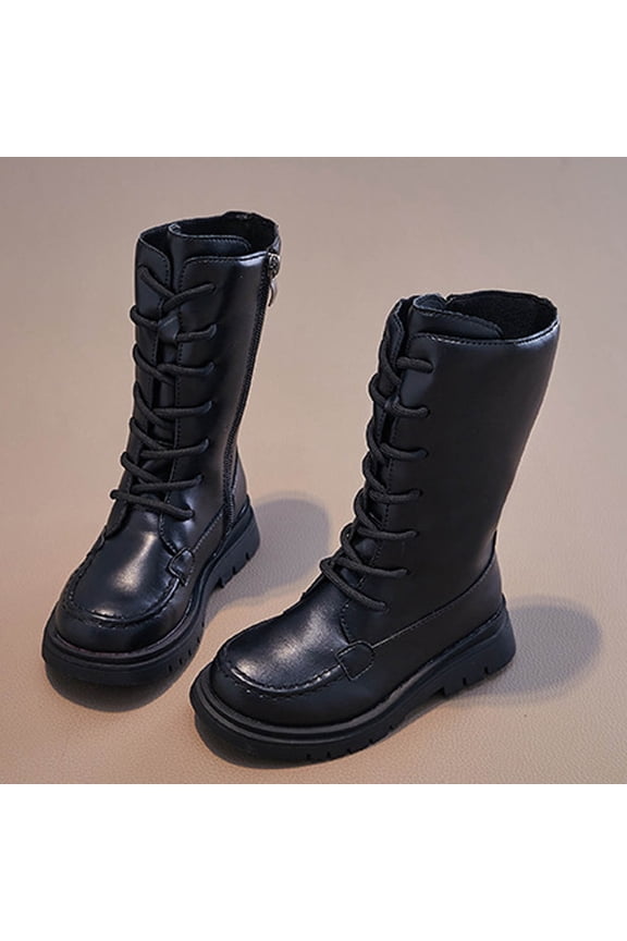 Girls Riding Boots, PU Leather Lace Up Zipper Soft Sole Fashion Mid-Cut Combat Boots Black