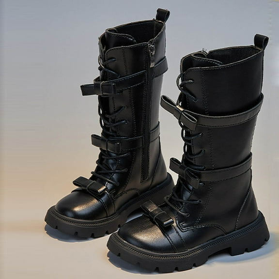 NAISIBABY Girls Riding Boots, Side Zipper Thicken Sole Fashion Bowknot Kids High Knee Combat Boots Black