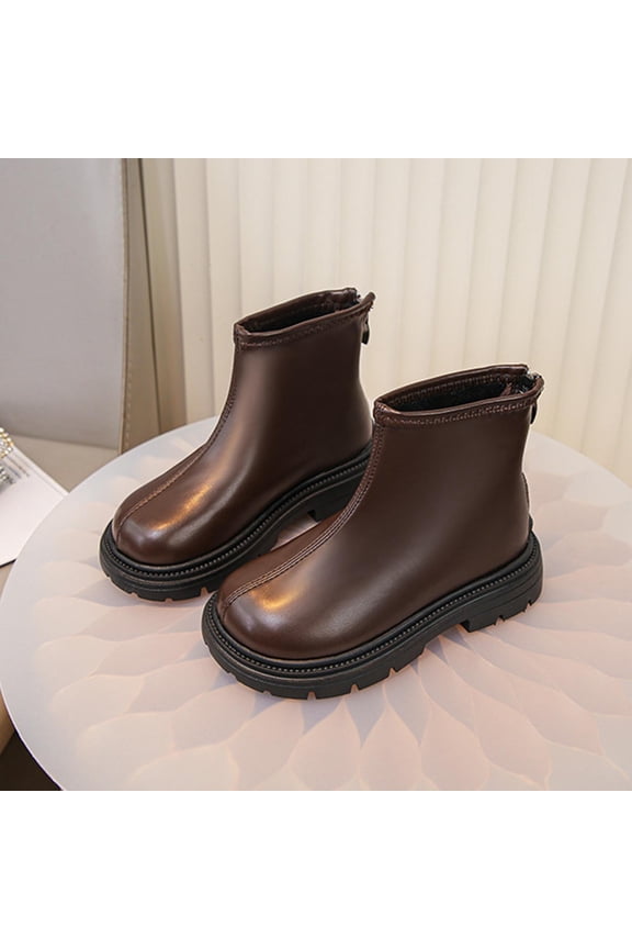 Girls Riding Boots, Waterproof Non-Slip Back Zipper Low Heels Winter Mid-Calf Shoes Brown 11.5(Little Kids)