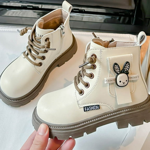 NAISIBABY Girls Riding Boots with Fleece Lined, Side Zipper Thick Sole PU Leather Fall Winter Fashion Cute Mid Calf Boots Beige 11(Little Kids)