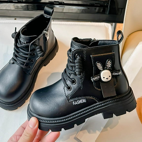 NAISIBABY Girls Riding Boots with Fleece Lined, Thick Sole PU Leather Side Zipper Fall Winter Fashion Cute Mid Calf Boots Black 11.5(Little Kids)