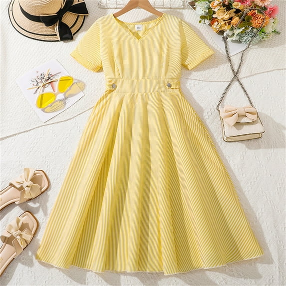 NAISIBABY Girls Ruffle Dress, Solid Color Short Sleeve V Neck Summer Casual Sundress Yellow 10-11T