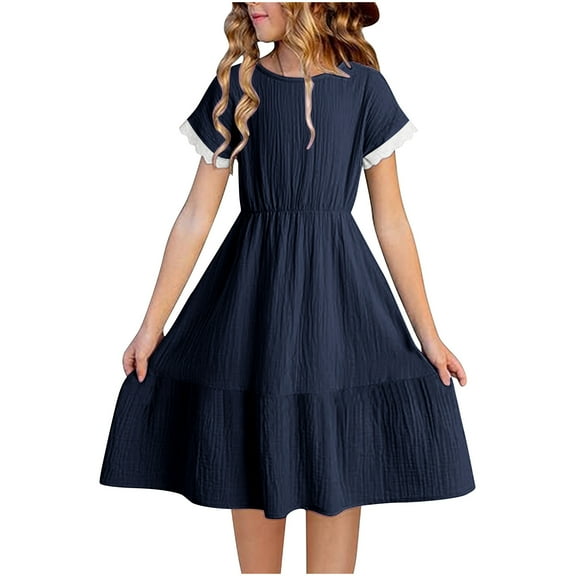 NAISIBABY Girls Ruffled Dress 7-8T, Solid Color Short Sleeve Spliced Lace Summer Fit Flare Dress Navy(4-14T)