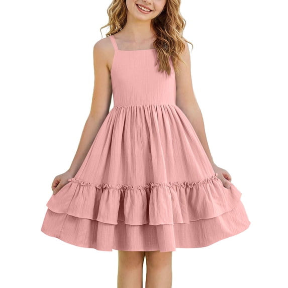 NAISIBABY Girls Ruffles Dress, Cute Tiered Spaghetti Strap Swing Summer Flowy Praty Princess Dress Pink Size 10