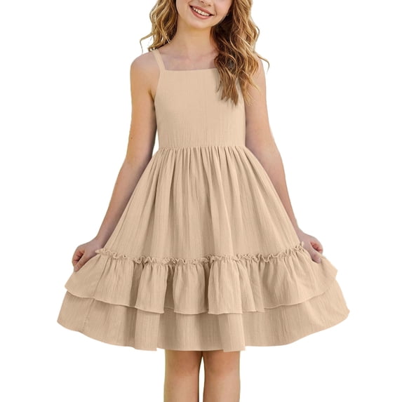 NAISIBABY Girls Ruffles Dress, Spaghetti Strap Swing Cute Tiered Summer Flowy Praty Princess Dress Khaki Size 10