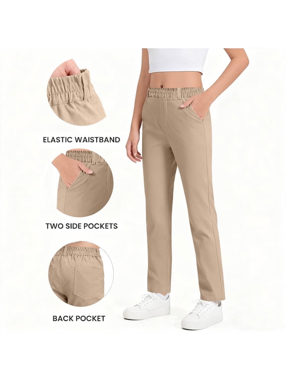Girls School Uniform Pants Size 12, High Rise Stretch Straight Slim Leg Pull-On Twill Trousers Khaki (5-16T)