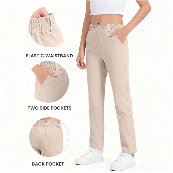 NAISIBABY Girls School Uniform Pants, Straight Slim Leg Stretch High Rise Pull-On Twill Trousers Beige Size 12T