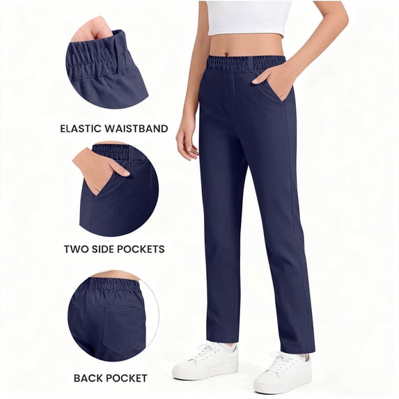 NAISIBABY Girls School Uniform Pants, Straight Slim Leg Stretch High Rise Pull-On Twill Trousers Navy Size 11T