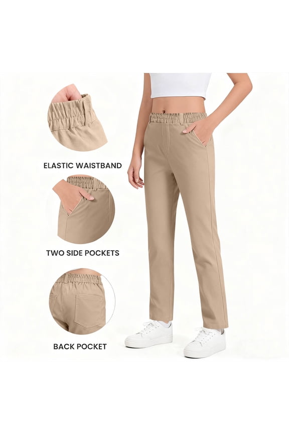 Girls School Uniform Pants, Stretch Straight Slim Leg High Rise Pull-On Twill Trousers Khaki Size 7T