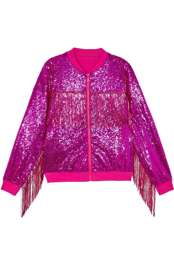 Girls Sequin Jacket, Tassels Sparkly Zipper Long Sleeve Fashion Coat Hot Pink 6-7T