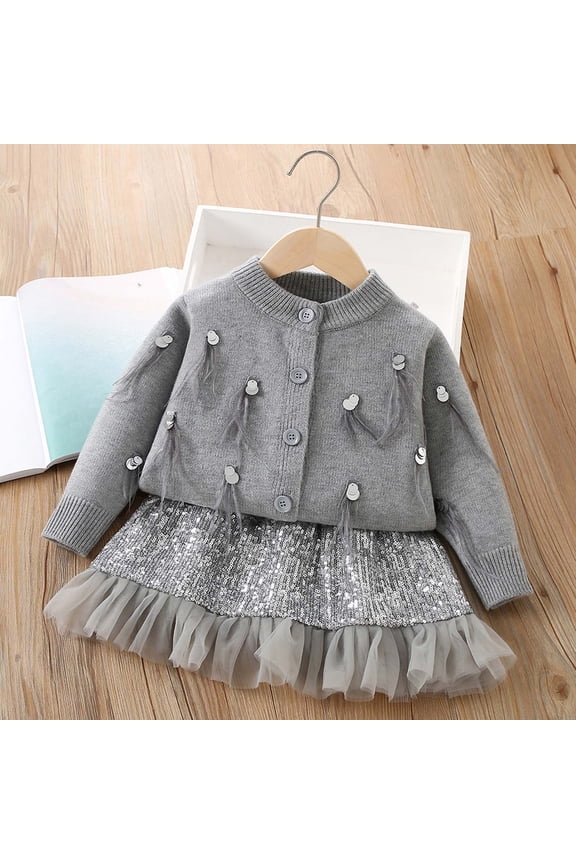 Girls Sets 2-Piece, Tassel Button-Up Cardigan Sweater and Mesh Sequin Skirt 2025 Fashion Dress Outfit Gray 3T