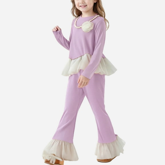 NAISIBABY Girls Sets 3-Piece, Long Sleeve Ruffles Tops and Flare Pants with Pearls Necklace Fall Fashion Dress Outfits Purple 7T