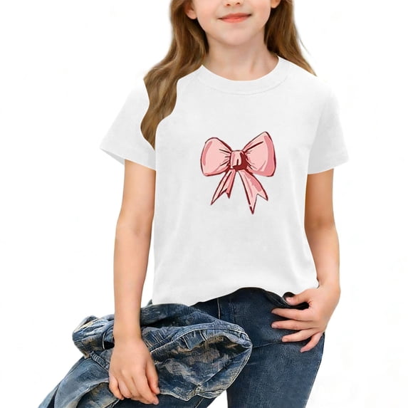 NAISIBABY Girls Short Sleeve T-Shirt, Bow Prints Summer Casual Crewneck Kids Fashion Daily Tees White 9T