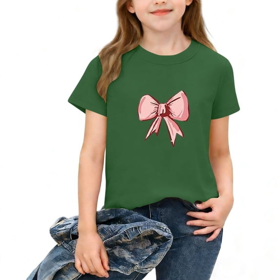 NAISIBABY Girls Short Sleeve T-Shirt, Crewneck Bow Prints Summer Casual Kids Fashion Daily Tees Green 9T