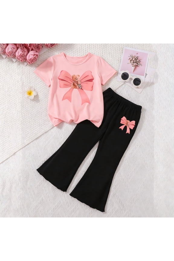 Girls Short Sleeve T-Shirt and Flare Pants Outfit Set, Kids Casual Fashion Clothes 2-Piece Pink 5T