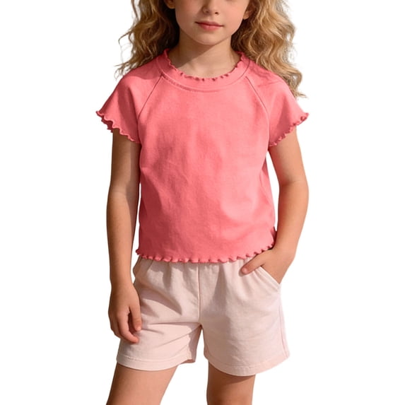NAISIBABY Girls Short Sleeve T-Shirt, with Cute Ruffles Cotton Crew Neck Summer Fashion Casual Tee Pink Size 2