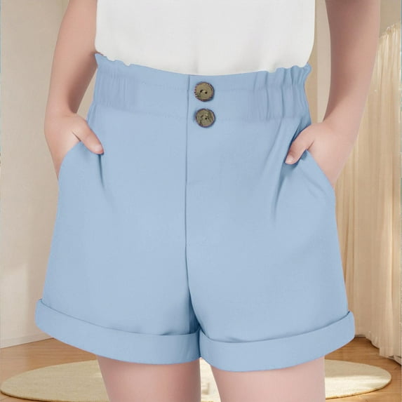 NAISIBABY Girls Shorts, Ruffles Elastic Waist with Pockets Solid Color Summer Causal School Uniform Shorts Blue 5T