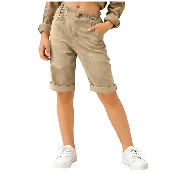 NAISIBABY Girls Shorts with Pockets Size 12, Rolled-Cuff Elastic Waist Cotton Linen Summer Casual Fashion Shorts Khaki (5-15T)