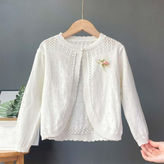 NAISIBABY Girls Shrug Cardigan, Lightweight Button Floral Cute Long Sleeve Knitted Dress Cover Up Sweater White 7T