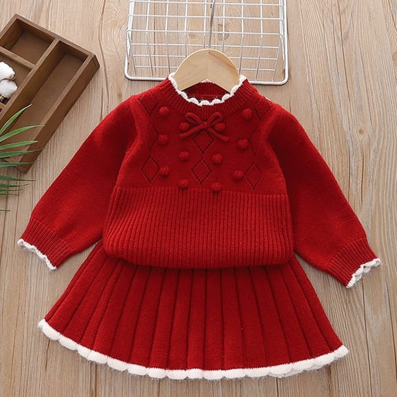 NAISIBABY Girls Skirt Set, Long Sleeve Pullover Pleated Skirt Solid Winter 2-Piece Outfit Red 1-2T