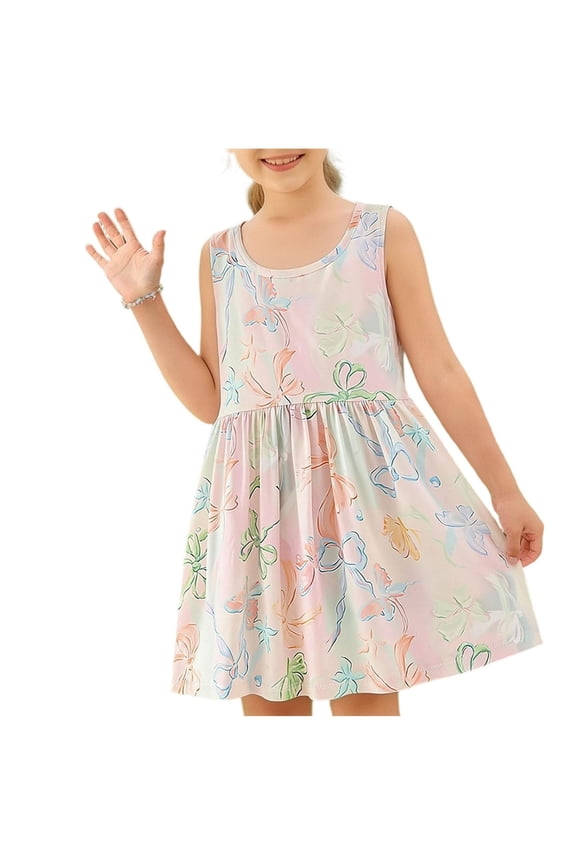 Girls Sleeveless Dresses, Crewneck Cute Prints Summer Casual Kids Play Dress Pink Size 7-8