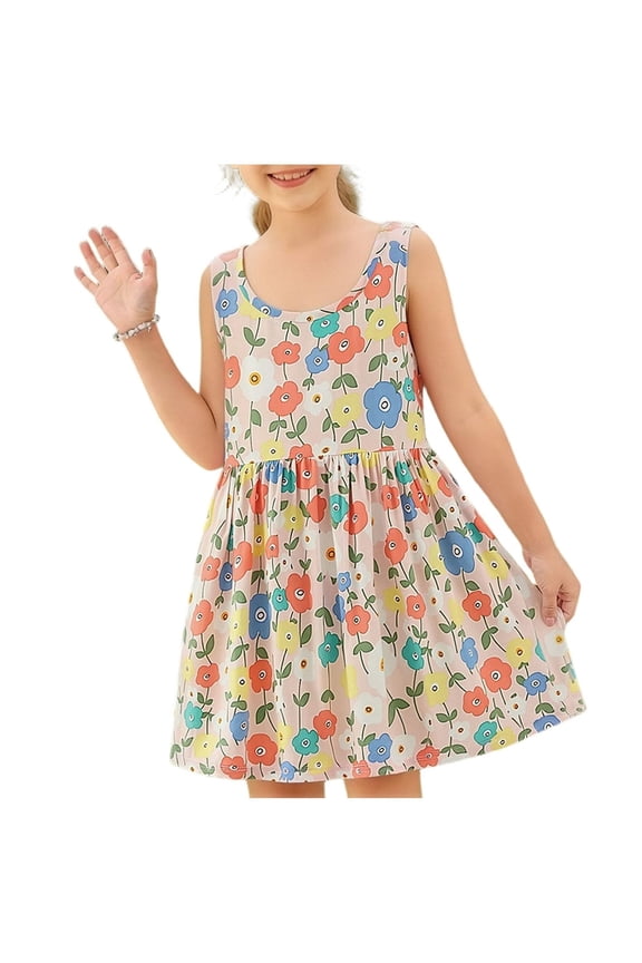 Girls Sleeveless Dresses, Crewneck Summer Casual Cute Prints Kids Play Dress Pink Size 12